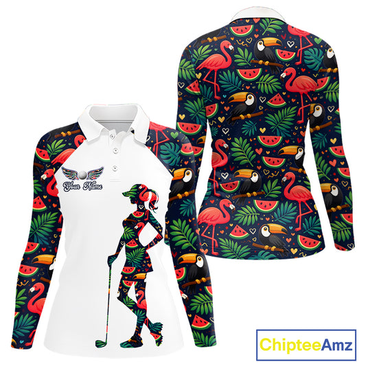 Funny Womens Long Sleeve Golf Polo Shirt Custom Floral Tropical Pattern, Flamingo Golf Shirts NHN0099
