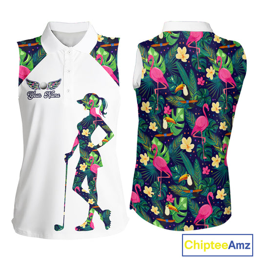 Funny Womens Sleeveless Golf Polo Shirt Custom Tropical Pattern, Flamingo Golf Shirt For Ladies NHN0099