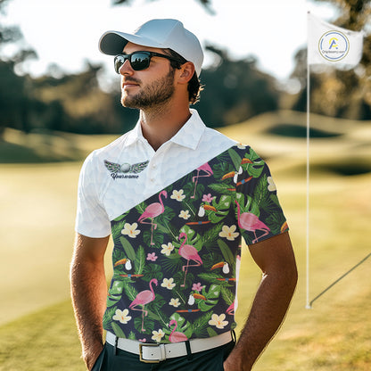 Mens Golf Polo Shirt Custom Toucan Tropical Leaf Pattern Flamingo Golf Shirts For Men NHN0192