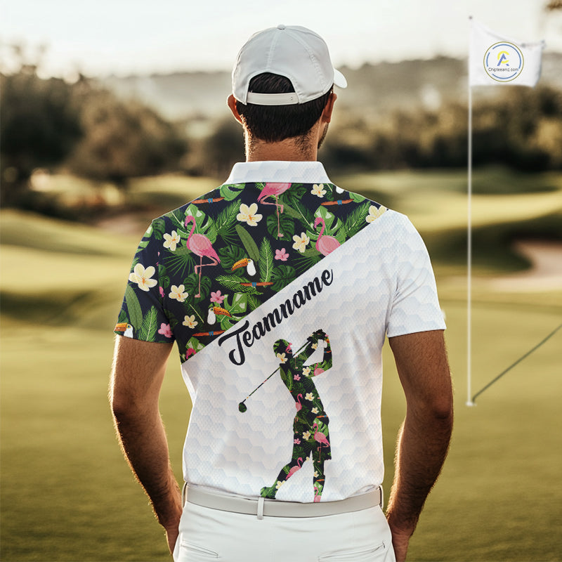 Mens Golf Polo Shirt Custom Toucan Tropical Leaf Pattern Flamingo Golf Shirts For Men NHN0192