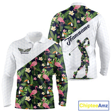 Load image into Gallery viewer, Long Sleeve Golf Polo Shirt Custom Toucan Tropical Floral Pattern, Flamingo Golf Shirts For Men NHN0192