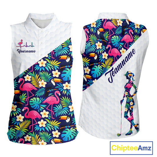 Funny Womens Sleeveless Golf Polo Shirt Custom Toucan Tropical Pattern, Flamingo Golf Shirt For Ladies NHN0192