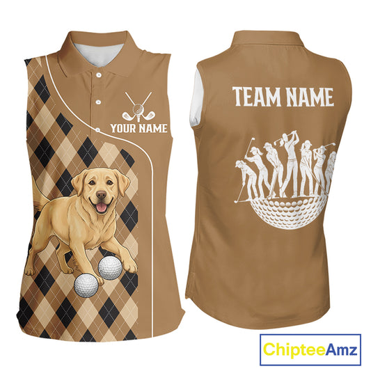 Funny Golden Retriever Womens Sleeveless Golf Polo Shirt Custom Argyle Plaid Pattern Team Golf Tops NHN0197