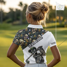 Load image into Gallery viewer, Funny Womens Golf Polo Shirt Custom Green Tropical Pattern Golf Ball Personalized Skull Golf Shirts NHN0071