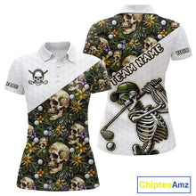 Load image into Gallery viewer, Funny Womens Golf Polo Shirt Custom Green Tropical Pattern Golf Ball Personalized Skull Golf Shirts NHN0071