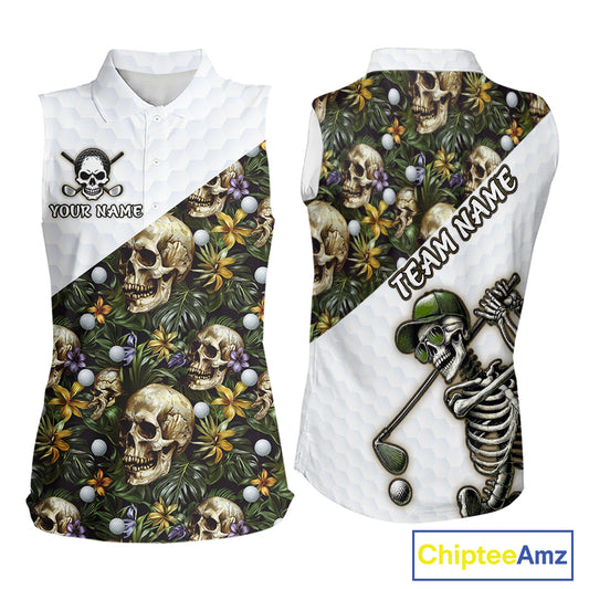 Funny Womens Sleeveless Golf Polo Shirts Custom Green Tropical Pattern Personalized Skull Golf Shirts NHN0071