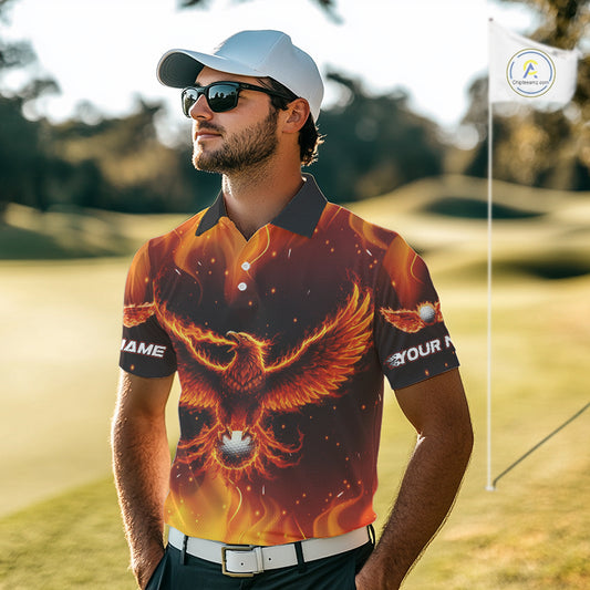 Mens Golf Polo Shirt Custom Phoenix Red Flame Team Golf Tops, White Golf Outfit For Men NHN0077