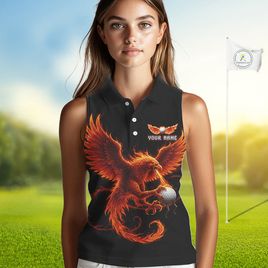 Womens Sleeveless Golf Polo Shirt Custom Phoenix Red Flame Team Golf Tops, White Golf Outfit For Ladies NHN0078