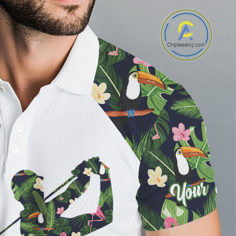 Funny Mens Golf Polo Shirt Custom Tropical Leaf Pattern Personalized Flamingo Golf Shirts For Men NHN0099