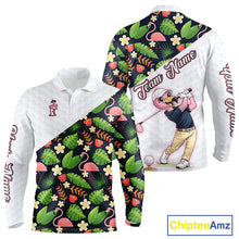 Load image into Gallery viewer, Funny Long Sleeve Golf Polo Shirt Custom Colorful Floral Flamingo Pattern, Tropical Mens Golf Polo NHN0106