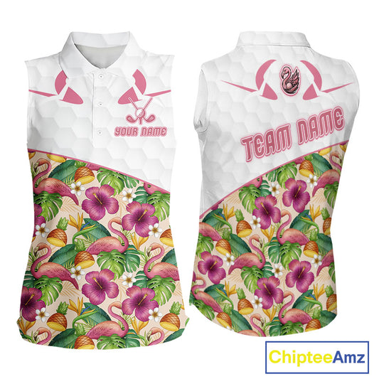 Funny Flamingo Womens Sleeveless Golf Polo Shirt Floral Tropical Custom Pink Golf Shirts Golfer Gift NHN0107