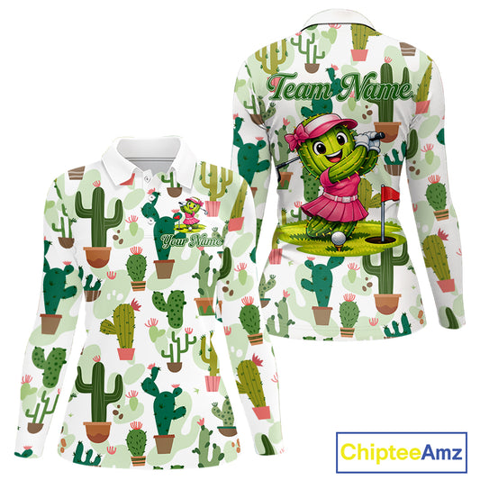 Funny Cactus Flower Womens Long Sleeve Golf Polo Shirt Custom Name Golf Tops, Cactus Golf Shirt NHN0237