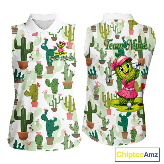 Funny Cactus Flower Womens Sleeveless Golf Polo Shirt Custom Name Golf Tops, Cactus Golf Shirt NHN0237