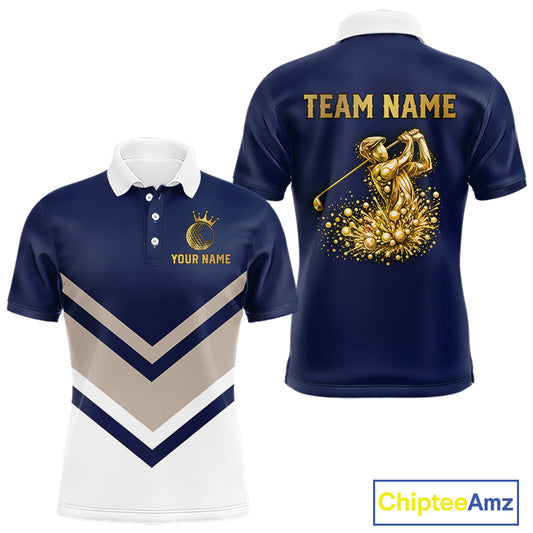 Blue And White Mens Golf Polo Shirt Custom Gold Golfer Swing & Golf Ball Graphic Team Polo, Golf Gifts NHN0115