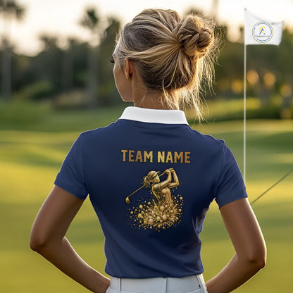 Blue And White Womens Golf Polo Shirt Custom Gold Golfer Swing & Golf Ball Team Polo, Golf Gifts NHN0115