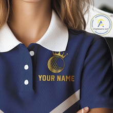 Load image into Gallery viewer, Blue And White Womens Golf Polo Shirt Custom Gold Golfer Swing &amp; Golf Ball Team Polo, Golf Gifts NHN0115