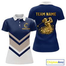 Load image into Gallery viewer, Blue And White Womens Golf Polo Shirt Custom Gold Golfer Swing &amp; Golf Ball Team Polo, Golf Gifts NHN0115