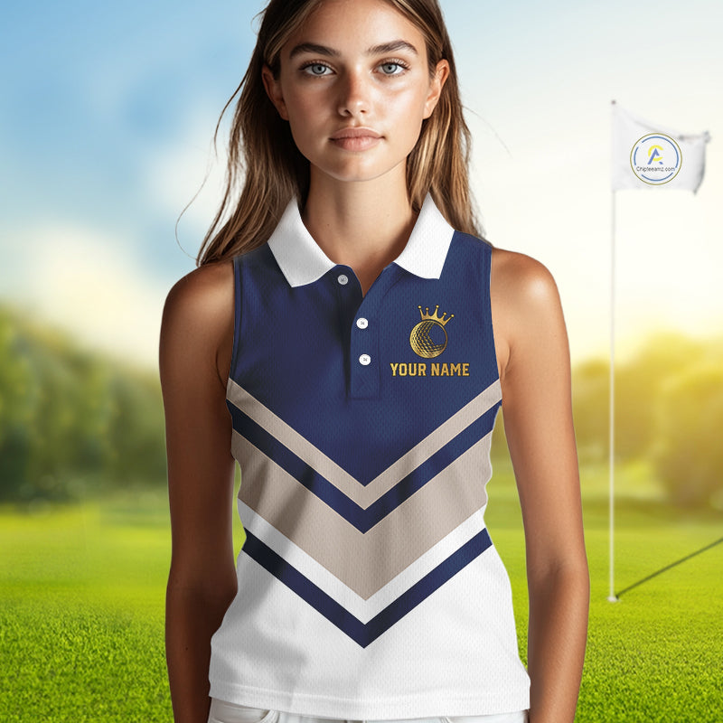 Blue And White Womens Sleeveless Golf Polo Shirt Custom Gold Golfer Swing & Golf Ball Team Golf Polo NHN0115
