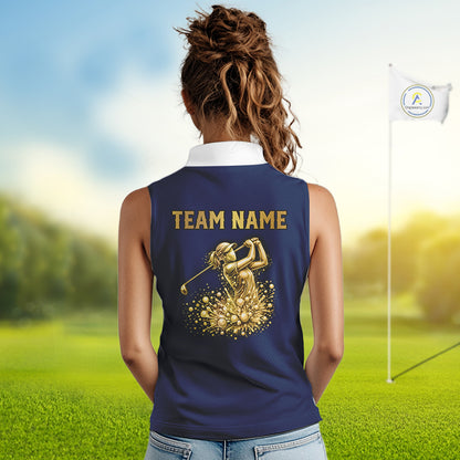 Blue And White Womens Sleeveless Golf Polo Shirt Custom Gold Golfer Swing & Golf Ball Team Golf Polo NHN0115
