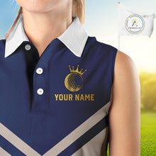 Load image into Gallery viewer, Blue And White Womens Sleeveless Golf Polo Shirt Custom Gold Golfer Swing &amp; Golf Ball Team Golf Polo NHN0115