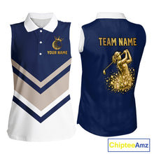 Load image into Gallery viewer, Blue And White Womens Sleeveless Golf Polo Shirt Custom Gold Golfer Swing &amp; Golf Ball Team Golf Polo NHN0115