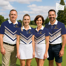 Load image into Gallery viewer, Blue And White Womens Golf Polo Shirt Custom Gold Golfer Swing &amp; Golf Ball Team Polo, Golf Gifts NHN0115