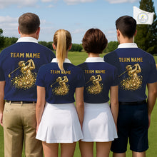 Load image into Gallery viewer, Blue And White Womens Golf Polo Shirt Custom Gold Golfer Swing &amp; Golf Ball Team Polo, Golf Gifts NHN0115