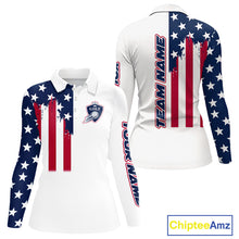 Load image into Gallery viewer, American Flag Womens Long Sleeve Golf Polo Shirt Custom Red, White And Blue Patriotic Golf Shirts NHN0118