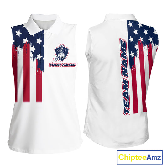American Flag Womens Sleeveless Golf Polo Shirt Custom Red, White And Blue Patriotic Team Golf Jersey NHN0118