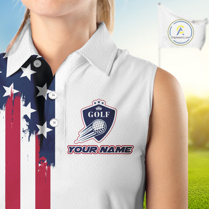 American Flag Womens Sleeveless Golf Polo Shirt Custom Red, White And Blue Patriotic Team Golf Jersey NHN0118