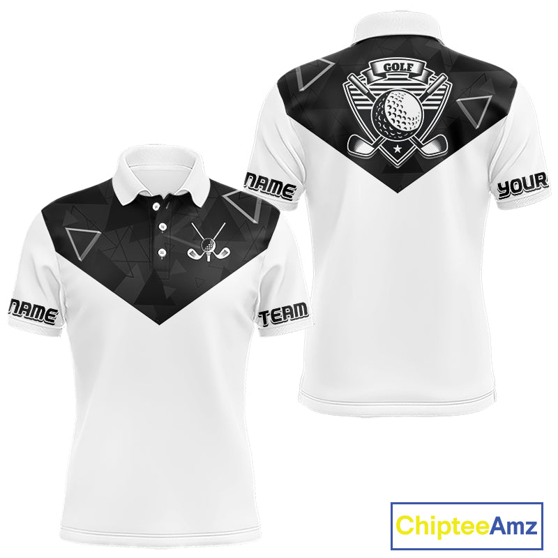 Mens Golf Polo Shirt Black Geometric Triangle Pattern Custom Name White Golf Tops For Men NHN0122