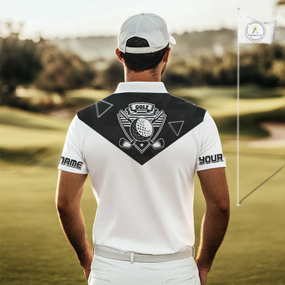 Mens Golf Polo Shirt Black Geometric Triangle Pattern Custom Name White Golf Tops For Men NHN0122