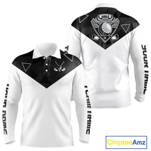 Load image into Gallery viewer, Long Sleeve Golf Polo Shirt For Men Black Geometric Triangle Pattern Custom Name White Golf Tops NHN0122