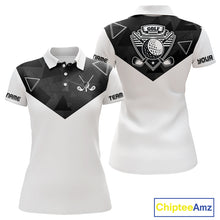 Load image into Gallery viewer, Womens Golf Polo Shirt Black Geometric Triangle Pattern Custom Name White Golf Tops For Ladies NHN0122