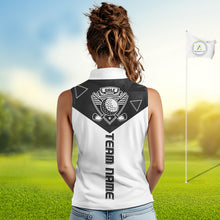 Load image into Gallery viewer, Womens Sleeveless Golf Polo Shirt Black Geometric Triangle Pattern Custom Name White Golf Tops For Ladies NHN0122