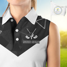 Load image into Gallery viewer, Womens Sleeveless Golf Polo Shirt Black Geometric Triangle Pattern Custom Name White Golf Tops For Ladies NHN0122