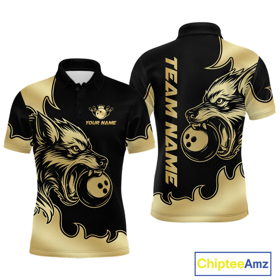 Gold Wolf Bowling Shirts for Team Women Men Custom Wolf Bowling Polo & Quarter Zip MBL194