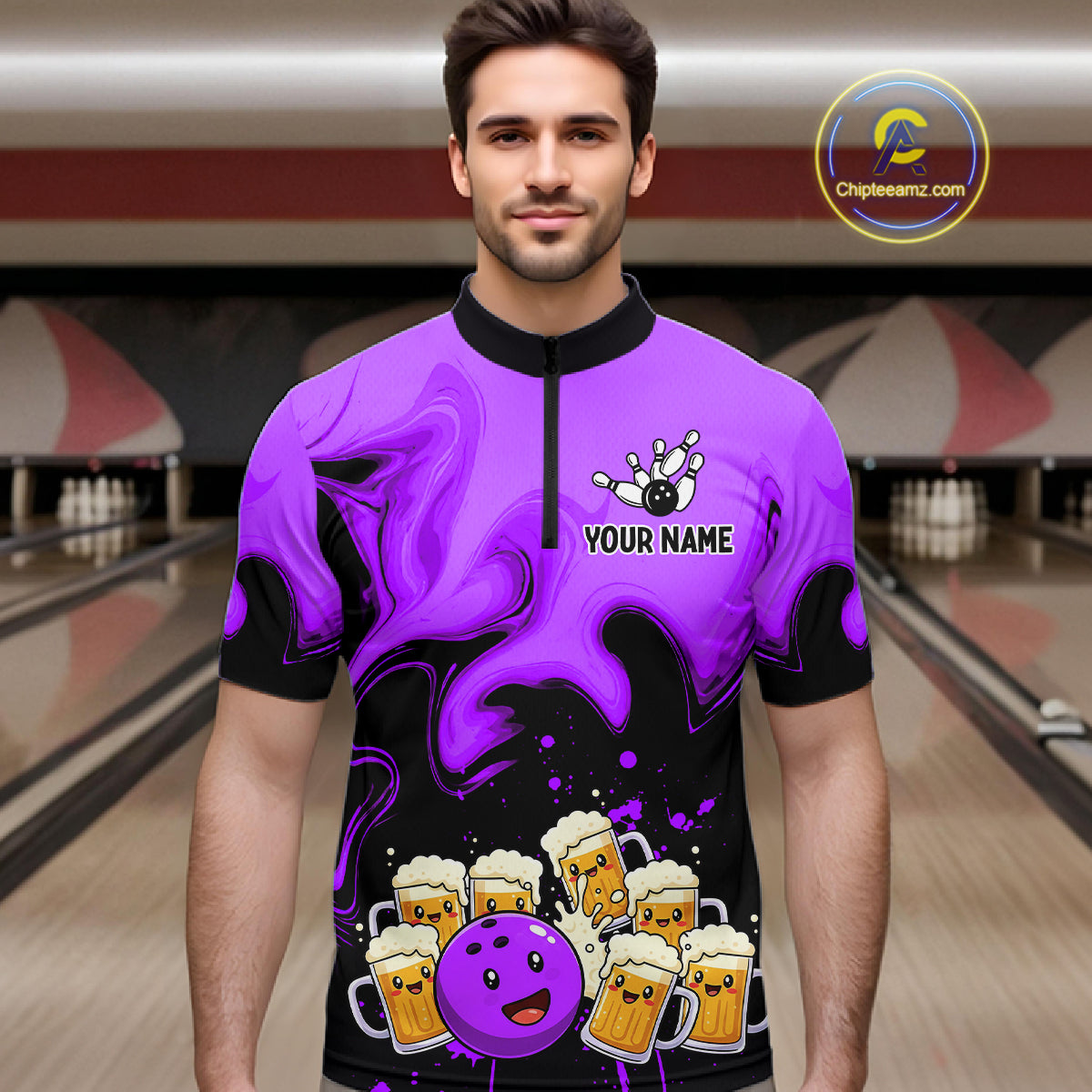 Funny Beer Bowling Shirts Purple for Women Men Bowling Polo&1/4 Zip Bowling League MBL252