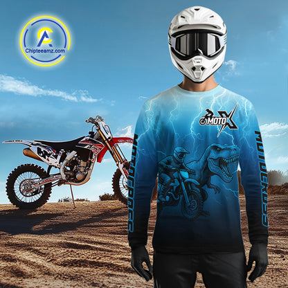 Dinosaur Motocross Jersey Blue Lightning Dirt Bike Shirts for Men Kid Women Racing Jersey XM412