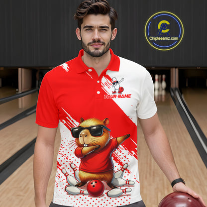 Funny Squirrel Bowling Shirts Team Men Women Bowling Jerseys Red Bowling Polo 1/4 Zip MBL215