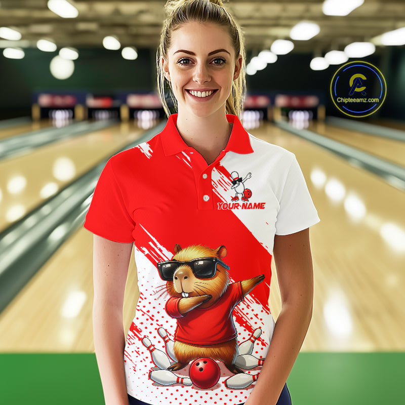 Funny Squirrel Bowling Shirts Team Men Women Bowling Jerseys Red Bowling Polo 1/4 Zip MBL215