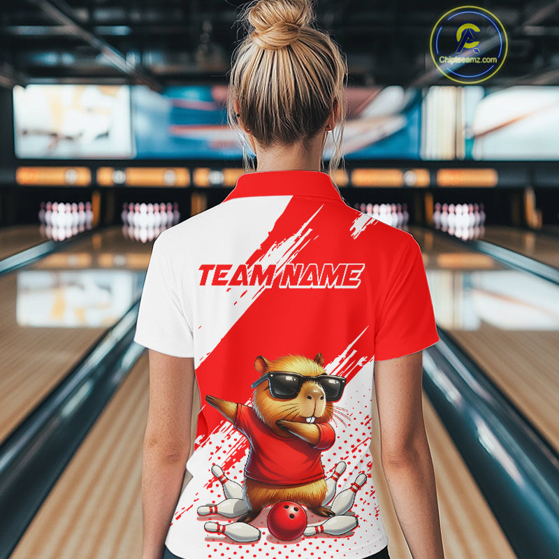 Funny Squirrel Bowling Shirts Team Men Women Bowling Jerseys Red Bowling Polo 1/4 Zip MBL215