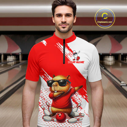 Funny Squirrel Bowling Shirts Team Men Women Bowling Jerseys Red Bowling Polo 1/4 Zip MBL215