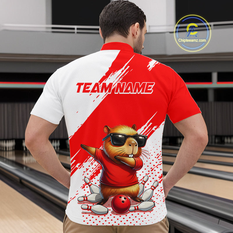 Funny Squirrel Bowling Shirts Team Men Women Bowling Jerseys Red Bowling Polo 1/4 Zip MBL215