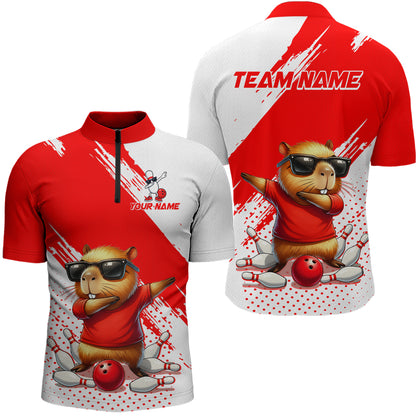 Funny Squirrel Bowling Shirts Team Men Women Bowling Jerseys Red Bowling Polo 1/4 Zip MBL215