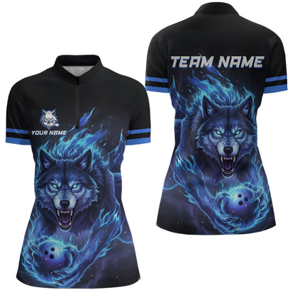 Custom Wolf Flaming Bowling Shirts for Team Women Men Bowling Polo&1/4 Zip Shirt MBL234