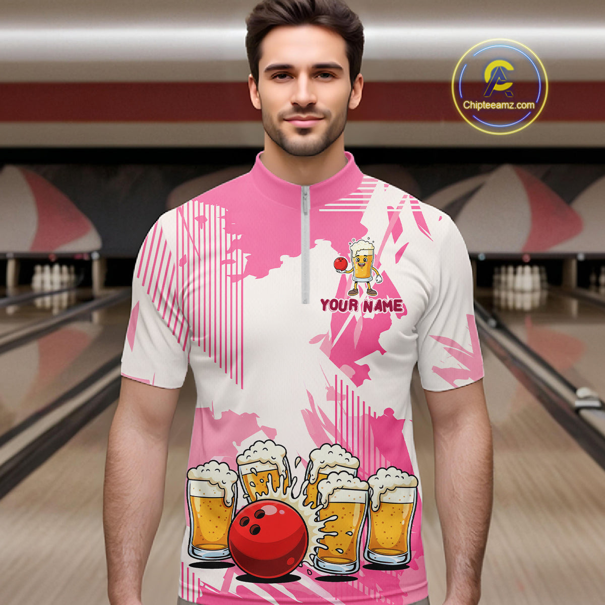 Beer Bowling Shirts Hot Pink for Team Women Men Custom Bowling Polo & 1/4 Zip Shirt MBL245