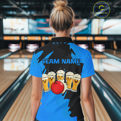 Funny Beer Bowling Shirts Blue for Women Men Team Bowling Polo & 1/4 Zip Shirts MBL251