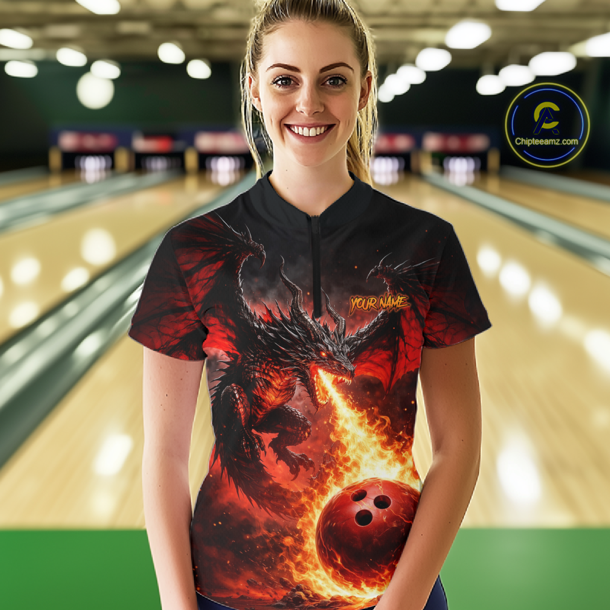 Custom Flame Dragon Bowling Jersey for Women Bowling Team Shirts Bowling League Polo & 1/4 Zip HNT482