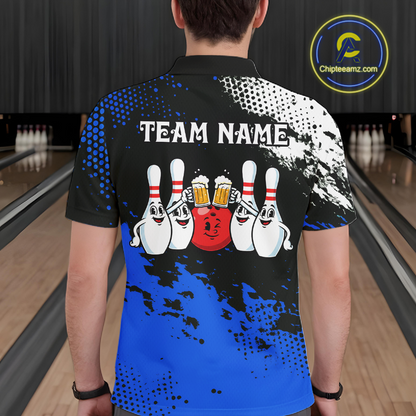 Blue Funny Beer Bowling Shirts for Team Women Men Bowling Polo&1/4 Zip Bowl League MBL254